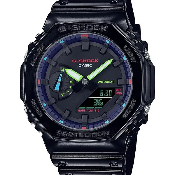 Orologio da uomo G-SHOCK CASIO GA-2100RGB-1AJF nero con arcobaleno virtuale.