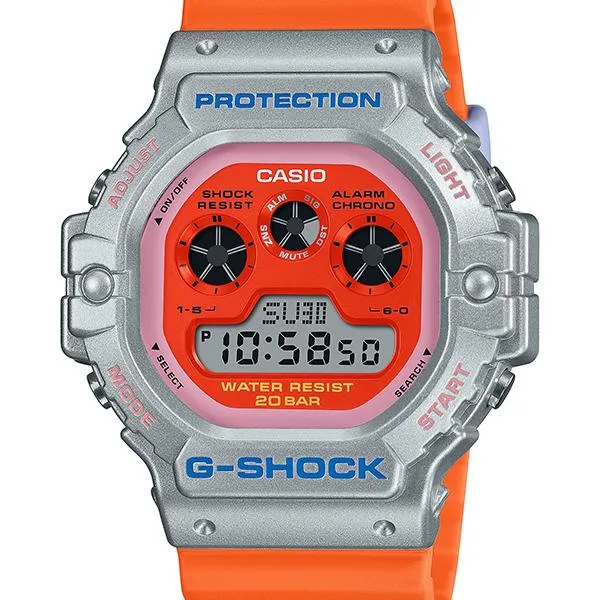 Orologio da uomo G-SHOCK CASIO serie Euphoria, modello DW-5900EU-8A4JF, arancione e argento.