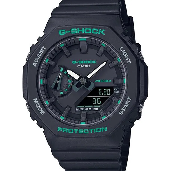 Orologio da uomo G-SHOCK CASIO GMA-S2100GA-1AJF di medie dimensioni con dettagli verdi.