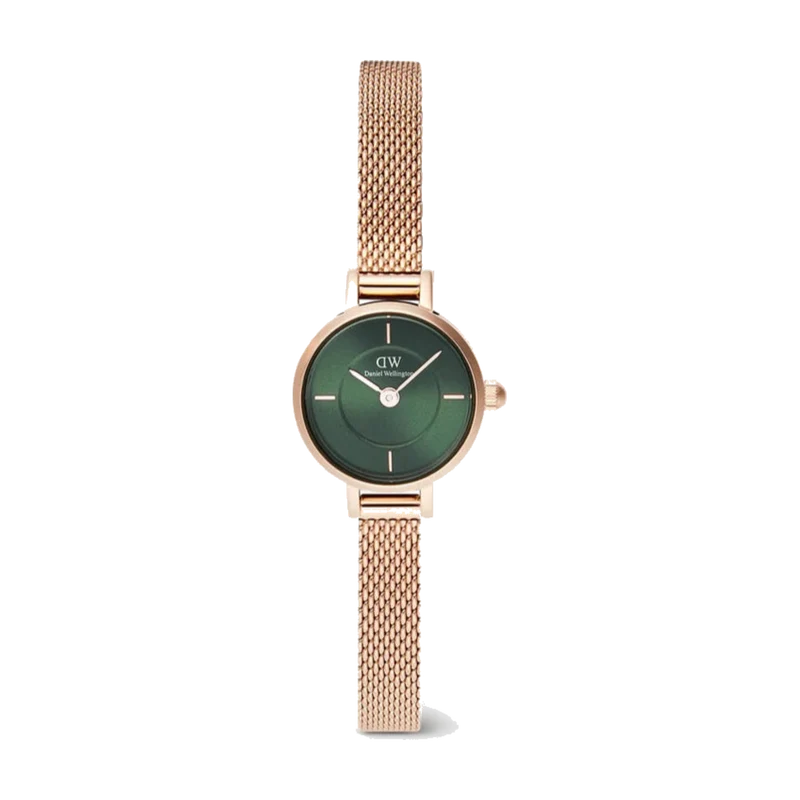 Orologio da donna Daniel Wellington Petite Mini Melrose da 19 mm, con quadrante verde a finitura soleil, cassa color oro rosa e cinturino in maglia milanese. Movimento al quarzo e design compatto.