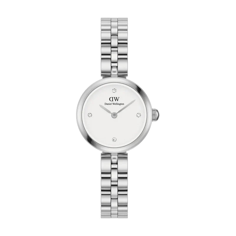 Orologio da donna Daniel Wellington Elan Lumine Silver da 22 mm, con quadrante bianco, cristalli luminosi e bracciale a tre maglie in acciaio color argento. Resistenza all'acqua fino a 3 ATM.