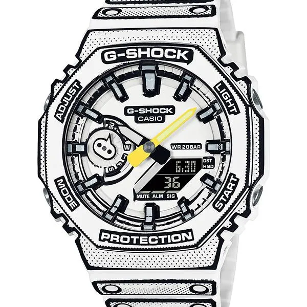 Orologio da uomo CASIO G-SHOCK GA-2100MNG-7AJR JDM MANGA THEME, analogico-digitale, bianco, prodotto in Giappone.