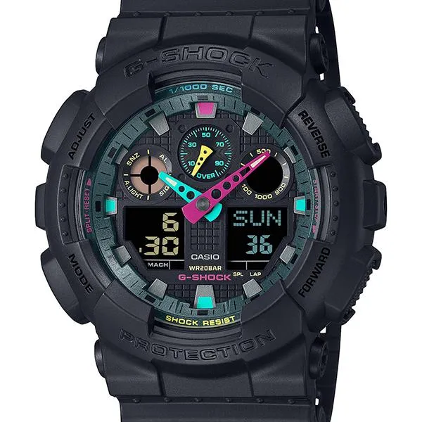 Orologio da uomo CASIO G-SHOCK con accenti fluorescenti multipli, modello GA-100MF-1AJF