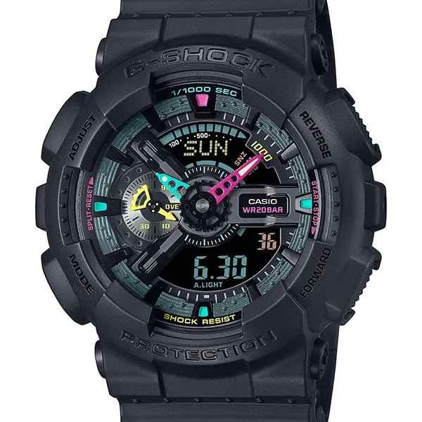 Orologio da uomo CASIO G-SHOCK con accenti fluorescenti multipli, modello GA-110MF-1AJF