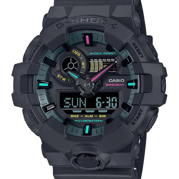 Orologio da uomo CASIO G-SHOCK con accenti fluorescenti multipli, modello GA-700MF-1AJF