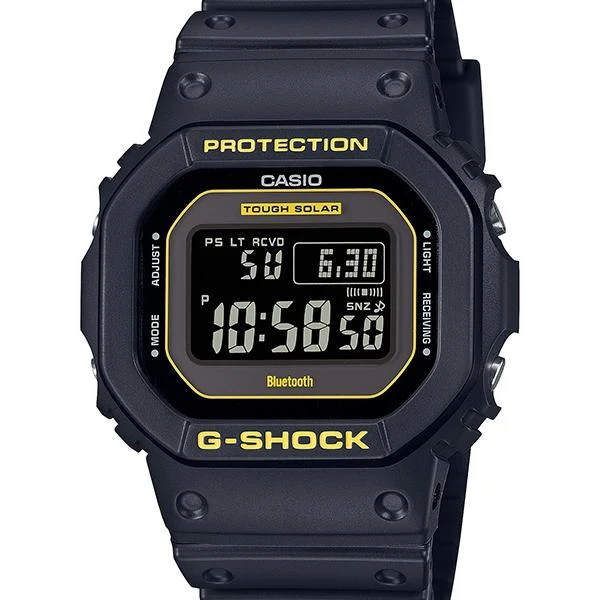 Orologio da uomo G-SHOCK CASIO serie gialla, modello GW-B5600CY-1JF, con avviso di pericolo.