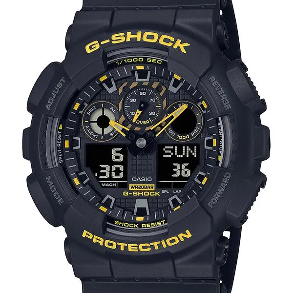 Orologio da uomo G-SHOCK CASIO serie gialla, modello GA-100CY-1AJF, con avviso di pericolo.