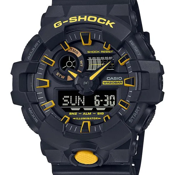 Orologio da uomo G-SHOCK CASIO serie gialla, modello GA-700CY-1AJF, con avviso di pericolo.