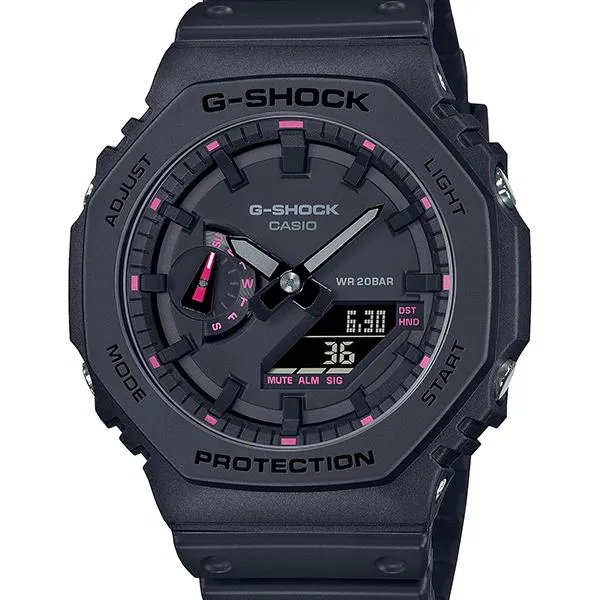 Orologio da uomo G-SHOCK CASIO GA-2100P-1AJR con nastro rosa e cinturino nero.