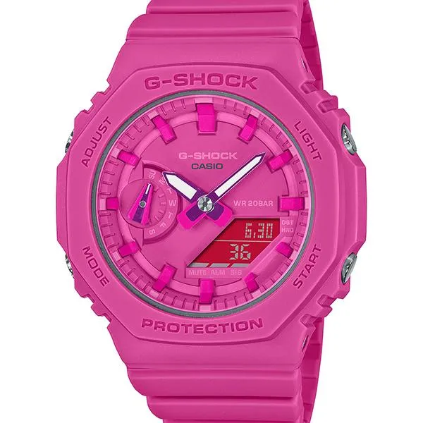 Orologio da donna G-SHOCK CASIO GMA-S2100P-4AJR con cinturino ottagonale rosa e nastro rosa.