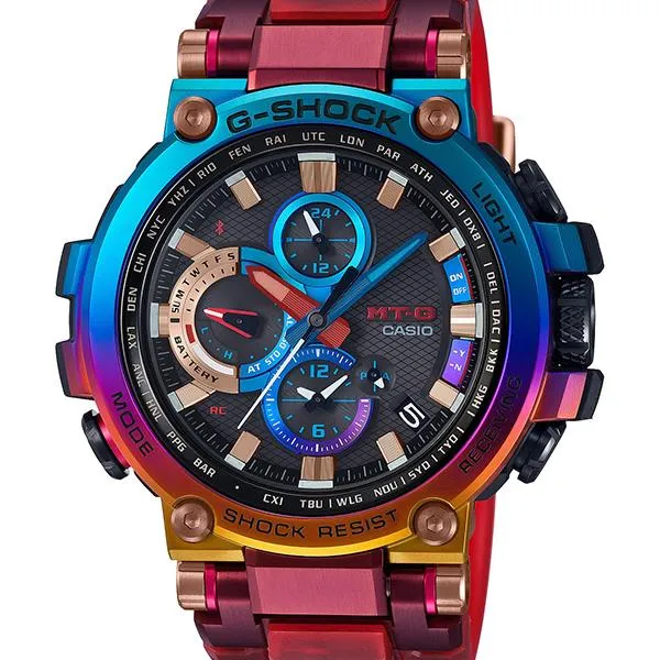 Orologio da uomo G-SHOCK CASIO MTG-B1000VL-4AJR con motivo vulcano e fulmini arcobaleno.