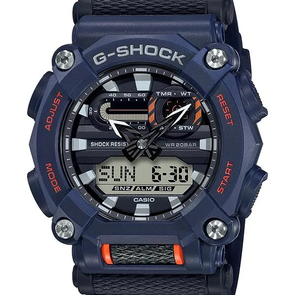 Orologio da uomo G-SHOCK CASIO GA-900-2AJF con lunetta a 10 punti dal design industriale, colore blu navy.