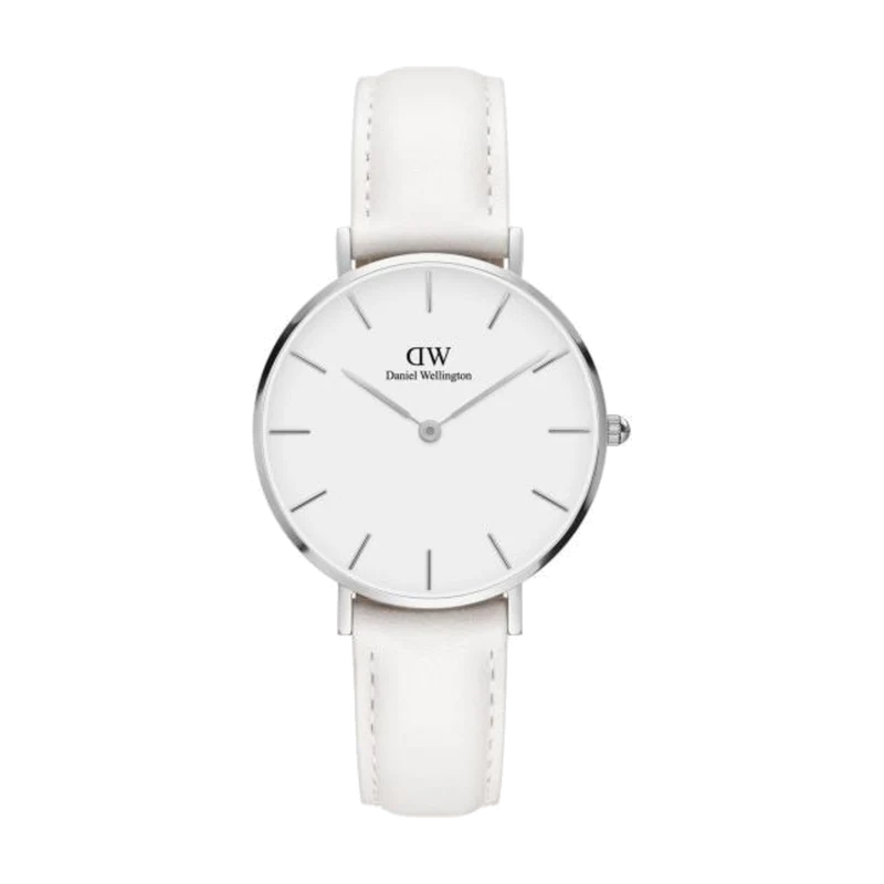 Orologio da donna Daniel Wellington Classic Petite Bondi con cassa in acciaio color argento da 32 mm, quadrante bianco e cinturino in pelle bianca. Movimento al quarzo, vetro minerale e resistenza all'acqua fino a 3 ATM.