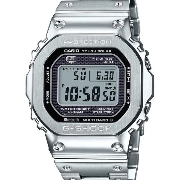 Orologio da uomo CASIO G-SHOCK GMW-B5000D-1JF JDM in metallo, argento, con radio e Bluetooth, a energia solare.