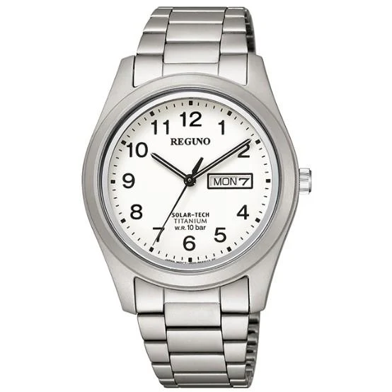 Orologio da uomo CITIZEN REGUNO KM1-415-13 JDM Solar Tech con quadrante bianco e cinturino in pelle marrone.