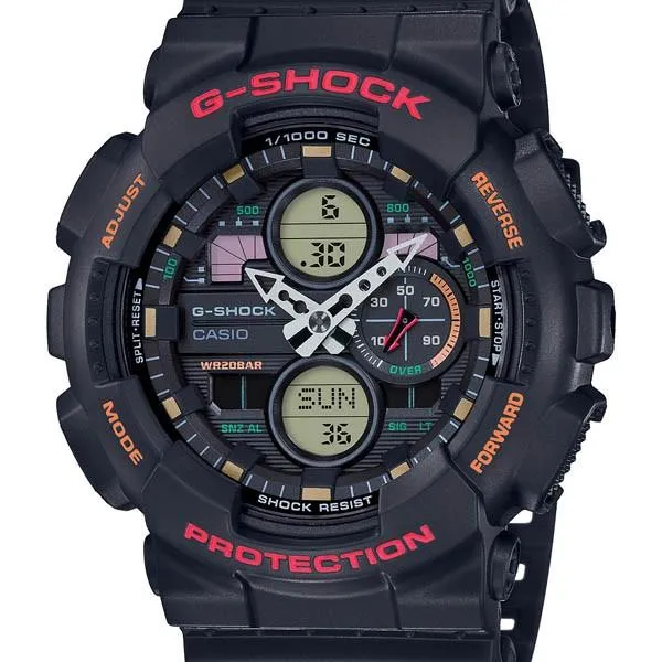 Orologio da uomo CASIO G-SHOCK GA-140-1A4JF JDM analogico-digitale con cronometro, nero e rosso.