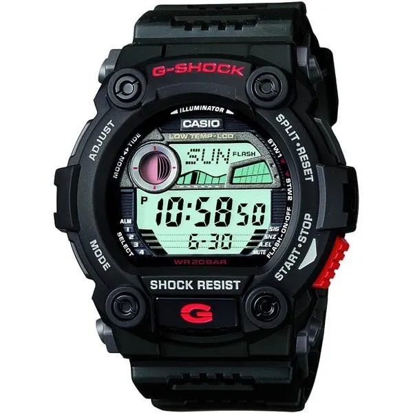 Orologio digitale da uomo CASIO G‑SHOCK G‑7900‑1JF JDM G‑Rescue resistente alle basse temperature, con grafico delle maree, dati lunari e quadrante nero.
