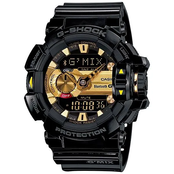 Orologio da uomo CASIO G‑SHOCK GBA‑400‑1A9JF JDM G'MIX con controllo musicale Bluetooth, quadrante oro e nero, interruttore rotativo analogico-digitale.