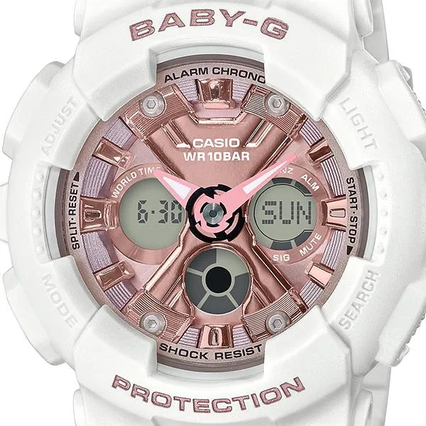 Orologio da donna CASIO BABY‑G BA‑130‑7A1JF JDM analogico-digitale rosa e bianco, stile street fashion casual.
