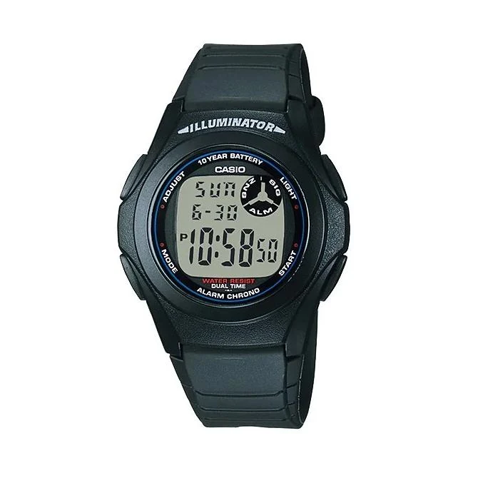 Orologio da uomo CASIO Collection Standard F-200W-1AJH JDM al quarzo digitale con doppio fuso orario e cassa in resina nera.