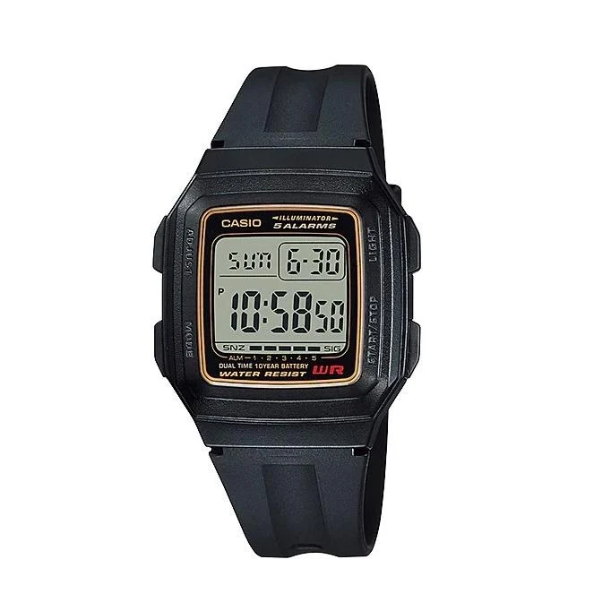 Orologio da uomo CASIO Collection F-201WA-9AJH JDM Standard Digital Quartz, nero, doppio fuso orario, batteria con durata di 10 anni.