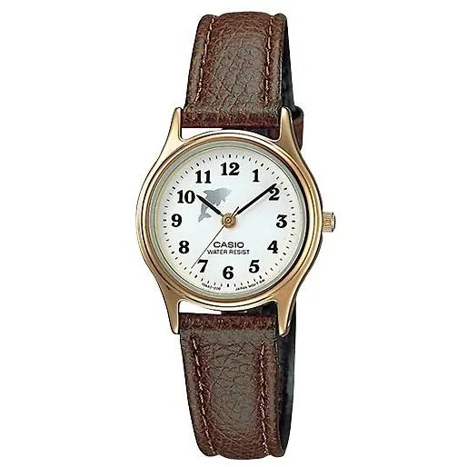 Orologio analogico da donna CASIO Collection LQ-398GL-7B4LJH JDM con quadrante a delfino, cinturino in pelle sintetica marrone e leggero.