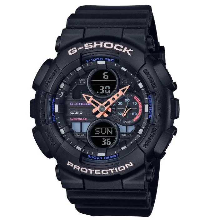 Orologio da donna CASIO G-SHOCK GMA-S140-1AJR JDM di medie dimensioni, analogico-digitale al quarzo, resistente all'acqua fino a 20 ATM, con funzione ora mondiale.