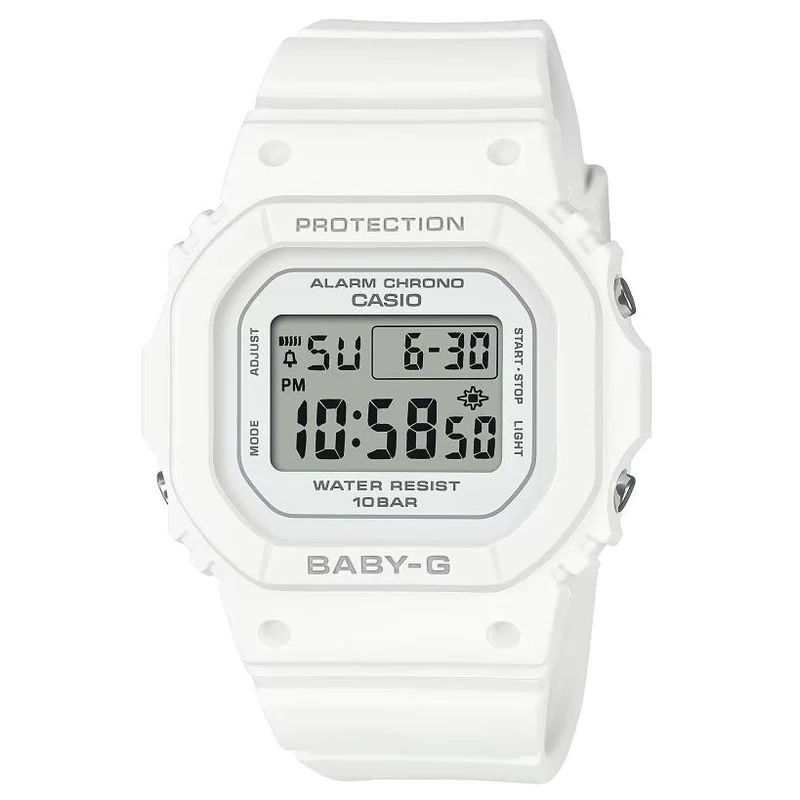 Orologio da donna CASIO BABY-G BGD-565U-7JF JDM con design quadrato, movimento digitale al quarzo, resistente all'acqua fino a 10 ATM, compatto, sottile, in resina bianca.
