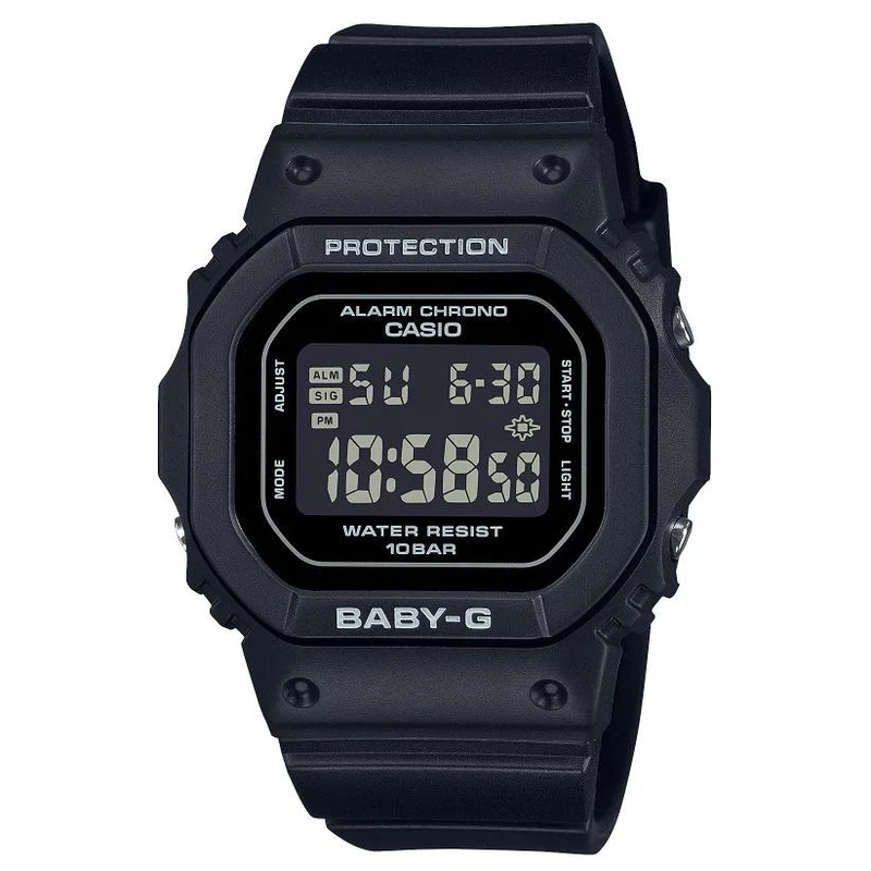 Orologio da donna CASIO BABY-G BGD-565U-1JF JDM con design quadrato, movimento digitale al quarzo, resistente all'acqua fino a 10 ATM, compatto e sottile, in resina nera.