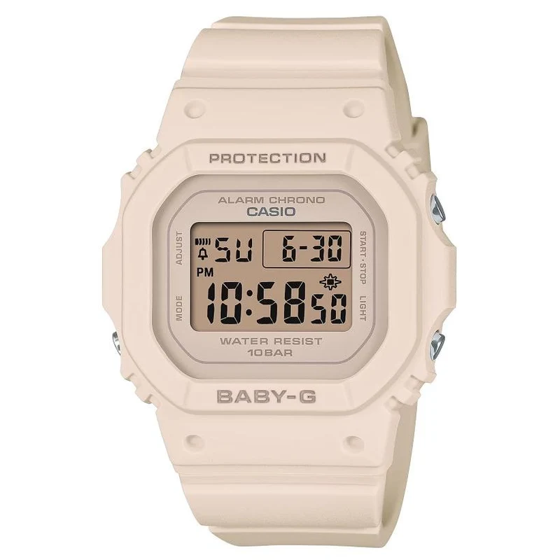 Orologio da donna CASIO BABY-G BGD-565U-4JF JDM con design quadrato, movimento digitale al quarzo, impermeabile fino a 10 ATM, compatto e sottile, in resina rosa e beige.