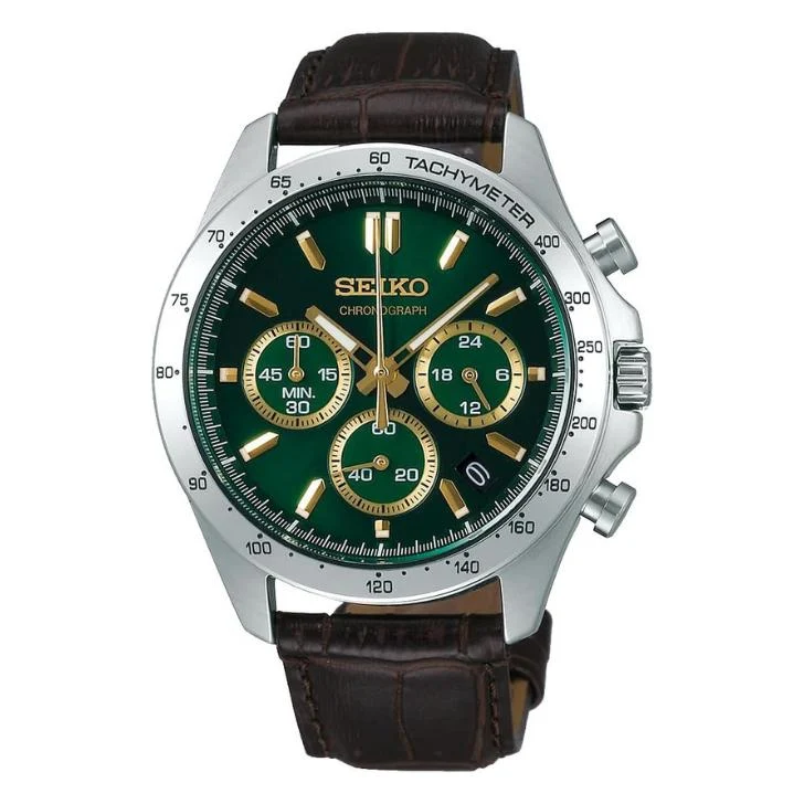 Orologio da uomo SEIKO SELECTION SBTR017 con quadrante verde, cronografo al quarzo e cinturino in pelle, stile JDM.