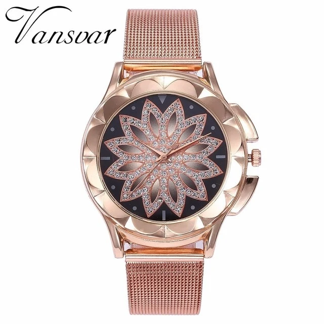Rose Gold Flower Rhinestone Wrist Watches